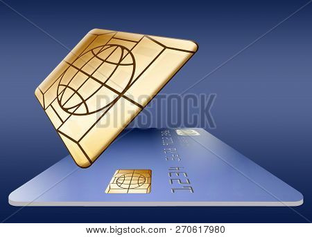 An EMV security chip is seen close up with a credit card nearby.
