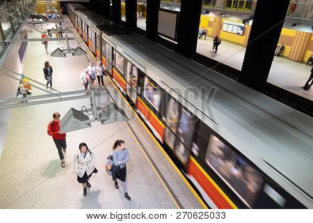 Warsaw, Poland October 18, 2018: Trains Arrives To Metro Station Centrum In Warsaw, Poland