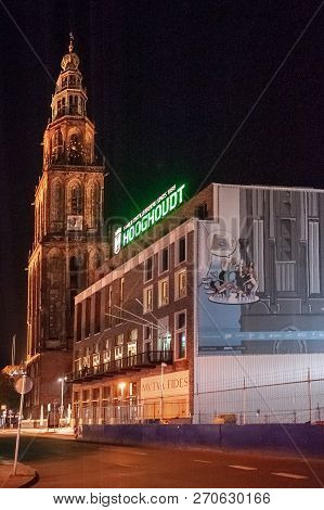 Groningen, October 10 2018. Night Shot Of The Vindicat Fraternaty Building, With The Martini Tower I