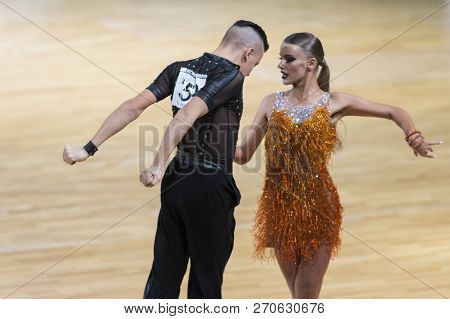 Minsk, Belarus-october 14, 2018: Professional Dance Couple Performs Adult Latin-american Program On 