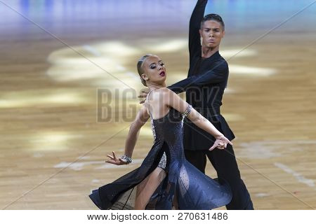 Minsk, Belarus-october 14, 2018: Professional Dance Couple Performs Adult Latin-american Program On 