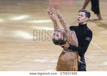 Minsk, Belarus-october 14, 2018: Professional Dance Couple Performs Adult Latin-american Program On 