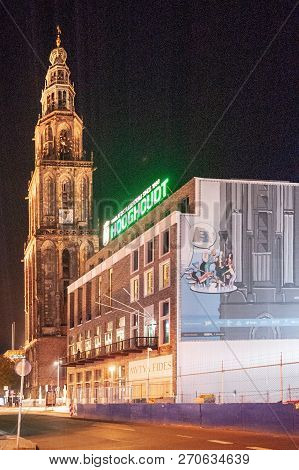 Groningen, October 10 2018. Night Shot Of The Vindicat Fraternaty Building, With The Martini Tower I