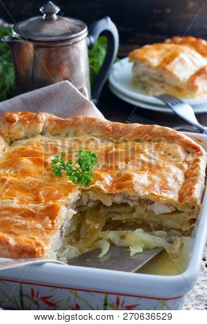 Puff Pastry Pie With Chicken, Potatoes And Onions, Qubit Pie, Selective Focus