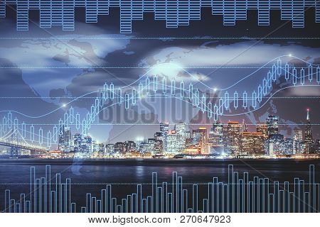 Night City Background With Digital Forex Chart. Trade And Finance Concept. Double Exposure
