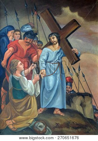 RETZBACH, GERMANY - JULY 04, 2018: 6th Stations of the Cross, Veronica wipes the face of Jesus, Maria im Grunen Tal pilgrimage church in Retzbach in the Bavarian district of Main-Spessart, Germany