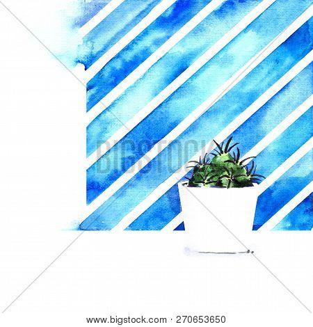 Succulent Cactus In A White Pot Striped Background Watercolor
