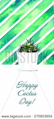 Succulent Cactus In White Pot Striped Green Watercolor Background