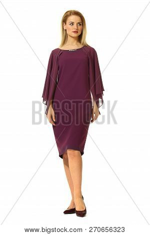 Young Caucasian Business Woman Executive Posing In Summer Sleeveless Magenda Formal Dress High Heels