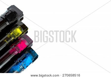 Toner Cartridge Set For Color Laser Printer. Equipment For Printingon White Background