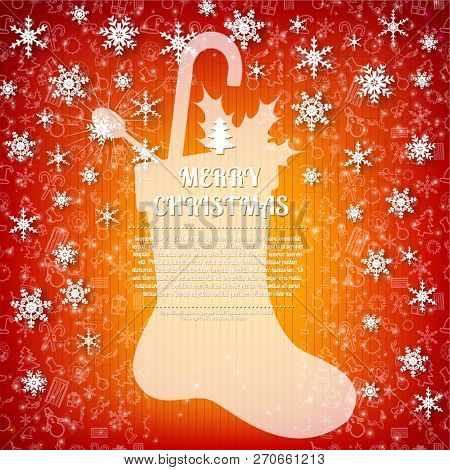 Merry Christmas Postcard With A Big White Sock Gaily Decorated, Different Kind Of Objects Inside And