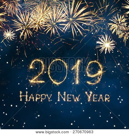 Greeting Card Happy New Year 2019. Beautiful Square Holiday Web Banner Or Billboard With Golden Spar