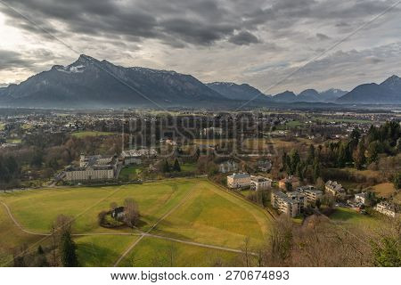 Aerial View Of Back Of Salzburg Towards The Mountains