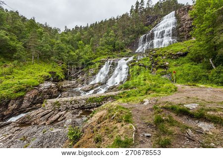 Svandalsfossen In Norway, Waterfall In Norwegian Mountains. National Tourist Ryfylke Route.