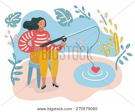 Vector Cartoon Funny Illustration Of Happy Woman With Rod Fishing Heart Shape Symbol From Pond Conce
