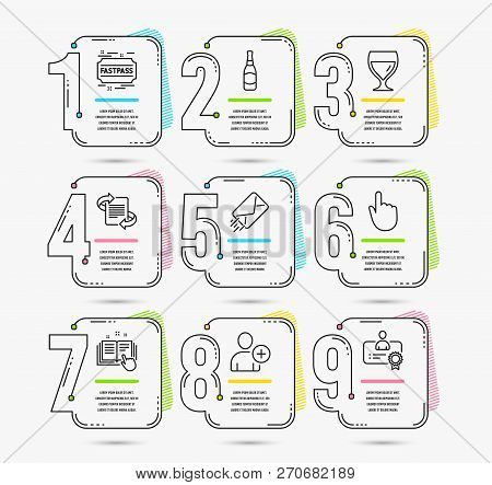 Infographic Timeline Set Of E-mail, Add User And Fastpass Icons. Beer Bottle, Hand Click And Technic