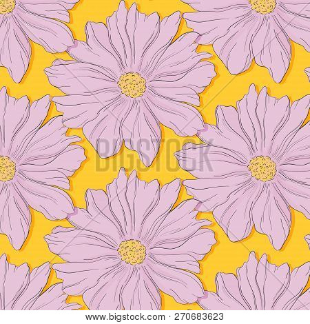Creative Decoration Violet Yellow Nature Print. Beautiful Cute Flower Bloosom Texture Pattern. Fashi