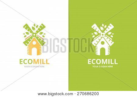 Vector Mill And Leaf Logo Combination. Farm And Eco Symbol Or Icon. Unique Windmill And Organic Logo