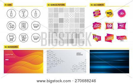 Seamless Pattern. Shopping Mall Banners. Set Of Wine, Beer And Coffee Vending Icons. Coffee Beans, M