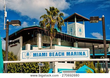 Miami. Usa-february 2. 2016: Miami Beach Marina Sign On The Building