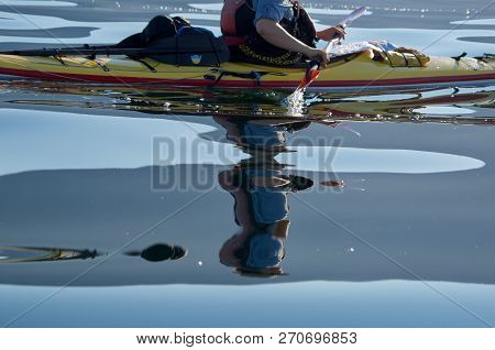 Pacific Ocean, Northwestern Vancouver Island, Bc, July 22, 2018: Cropped Shot Of Man Paddling Kayak 