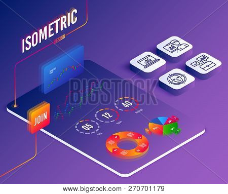 Isometric Vector. Set Of Online Statistics, Presentation And Business Portfolio Icons. Face Detect S