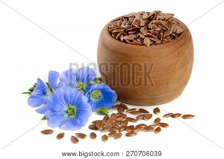 Chicory Flower And Powder Of Instant Chicory In Wooden Bowl Isolated On A White Background. Cichoriu