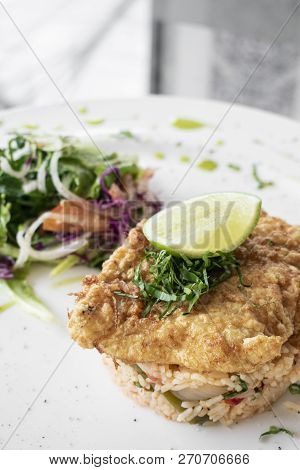 Fresh Fried Battered Cod Fish Fillet Summer Light Lunch Meal With Basque Mixed Vegetable Spicy Rice 