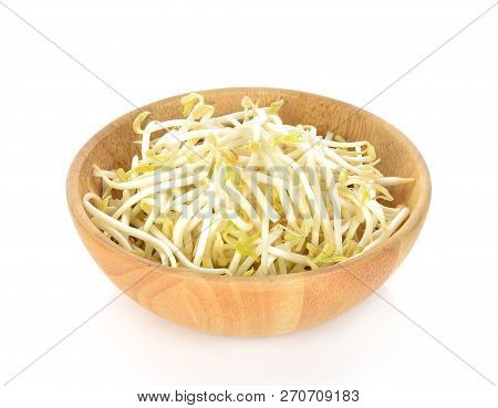 Beansprout  In Wooden Bowl On White  Background,