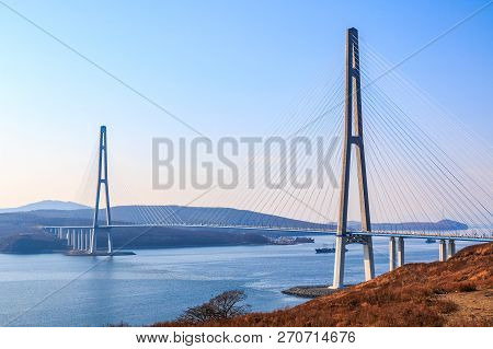 Suspended Cable Russian Bridge From The Mainland Of The Far-eastern City Of Vladivostok To The Russk