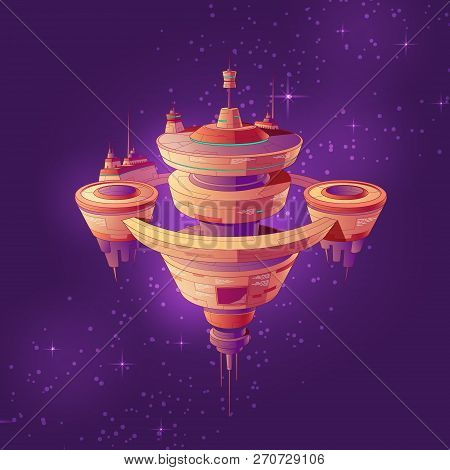 Futuristic Starship, Intergalactic Space Station Or Future Orbital City Among Stars Cartoon Vector I