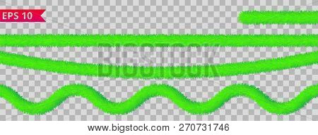 Green Tinsel Collection. Christmas Holiday Decoration Elements. Xmas Ribbon Garlands. Festive Bright