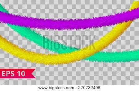 Purple, Cyan And Yellow Tinsel Collection. Christmas Holiday Decoration Elements. Xmas Ribbon Garlan