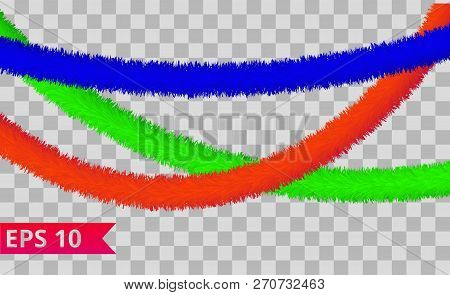 Red, Blue And Green Tinsel Collection. Christmas Holiday Decoration Elements. Xmas Ribbon Garlands. 