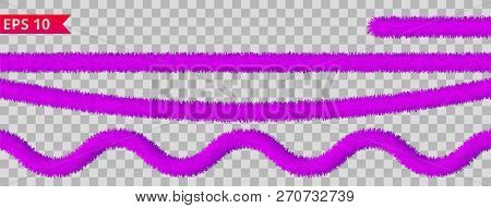 Purple Tinsel Collection. Christmas Holiday Decoration Elements. Xmas Ribbon Garlands. Festive Brigh