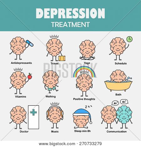 Depression Treatment. Cartoon Brain Character