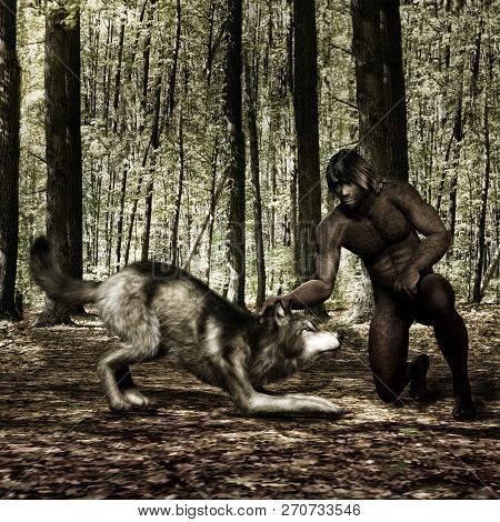 3d Illustration Of A Primeval Man With Wolf