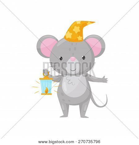 Cute Little Mouse In Night Cap With Burning Oil Lamp, Lovely Animal Cartoon Character, Good Night De