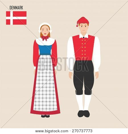Danish Man And Woman In Traditional Costumes. Vector Illustration