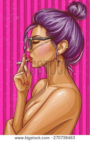 Pop Art Illustration Of Nude Girl With Closed Eyes Smoking Cigarette. Sexy Hipster Woman In Glasses 