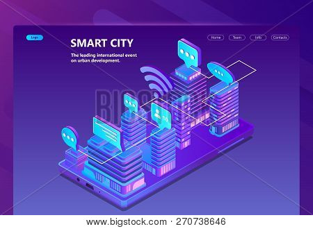 Smart City Site With 3d Isometric Smart Megapolis, City In Violet Colors. Network Portal With Button