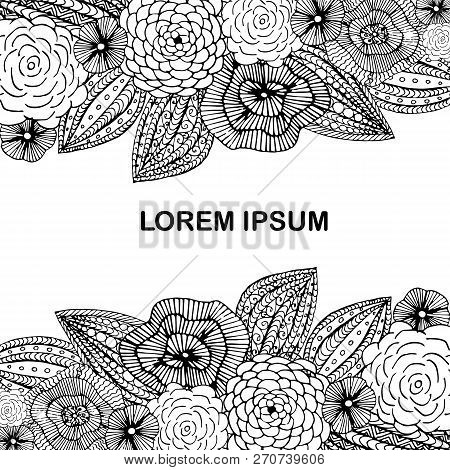 Blooming Background For Coloring Book, Antistress Page, Lorem Ipsum, Hand Drawn Design Element Stock