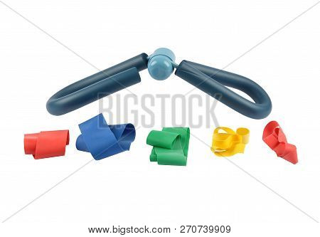 Colorful And Crisp Image Of Therapy Bands And Thigh Expander On White Background