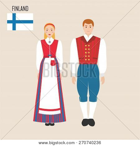 Finland Woman And Man In Traditional Costume. Vector Illustration.
