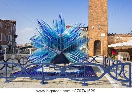 Murano Island, Venice, Italy - September 23: Blue Sculpture Made Of Murano Glass On Campo San Stefan