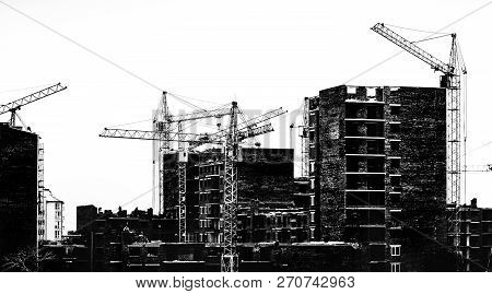 Construction Of Houses With Cranes And Builders. Black And White. Sityscape.