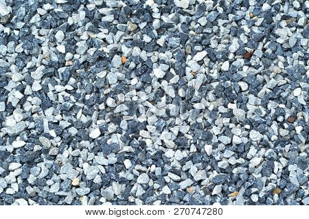Granite Gravel Of Macadam / Ground Texture With Scree Background / Small Stones Rock Gray And Blue O