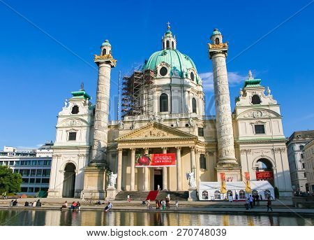 Vienna, Austria - May, 25, 2010: Karlskirche On The South Side Of Karlsplatz, A Famous Baroque Churc