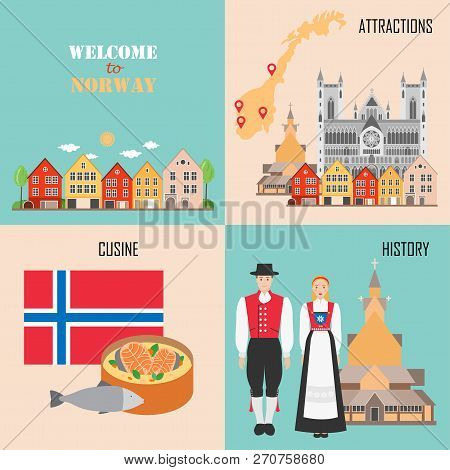 Norway Set With Bergen Wooden Houses, Traditional Cuisine, Histo