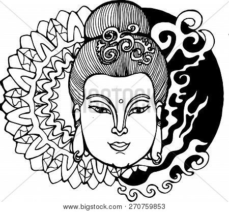 Black And White Pattern Of Kuan Yin. Asian Woman And Patterns. Tattoo Idea